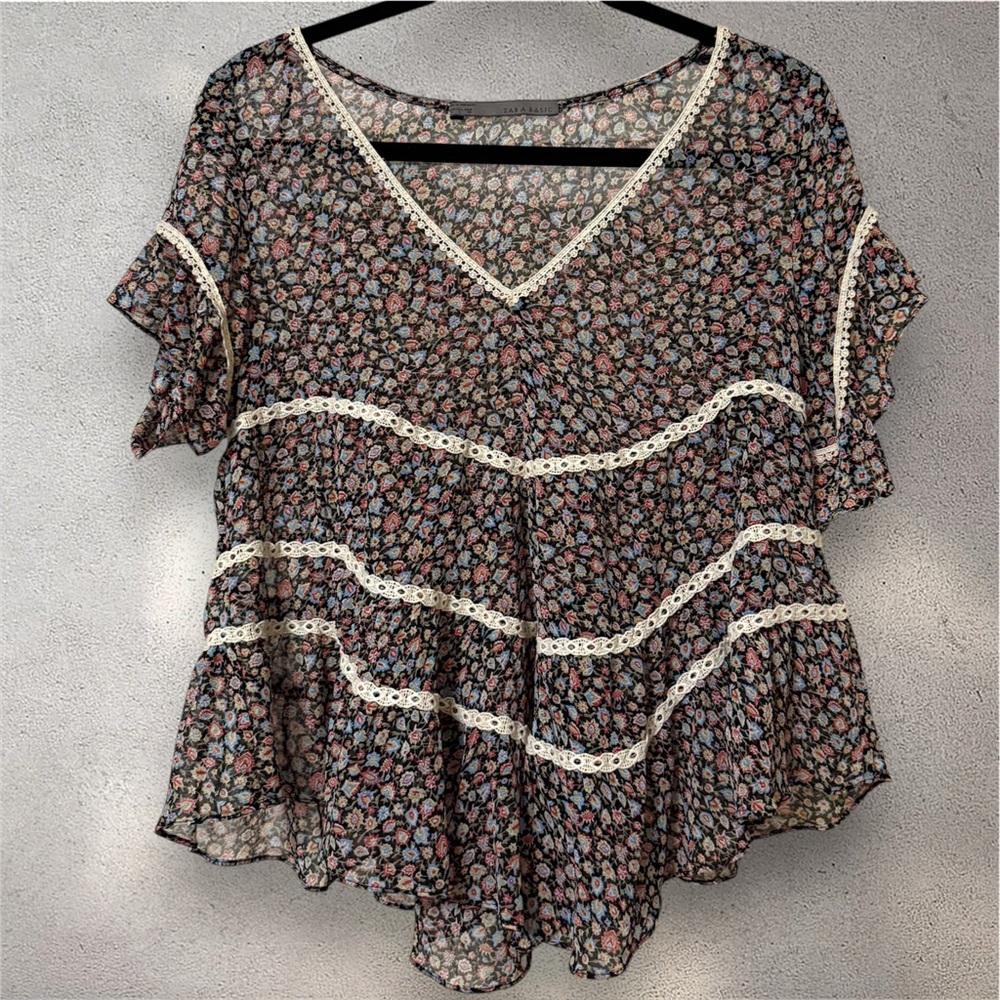 Zara Basic Sheer Floral & Lace Trim Blouse Size Large